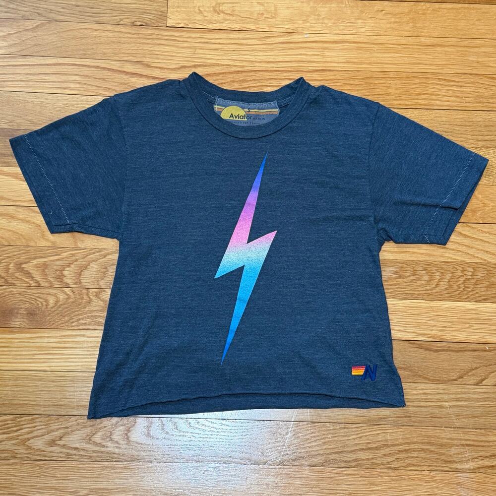 Aviator Nation | AV Lightning Rainbow Bolt Graphic Crop Tee Heathered Navy XS